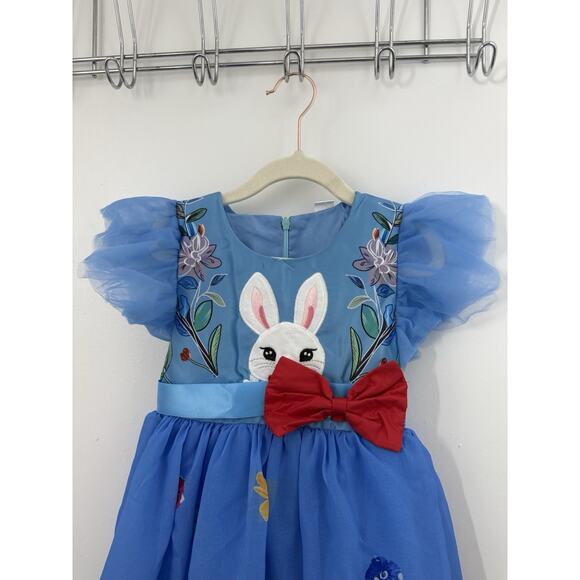 Mini Taylor Girls Dress 3-4Y Blue Bunny Embroidered Tulle Puff Sleeves - Picture 2 of 10